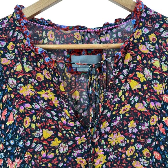 By Anthropologie Helene Black Floral Ruffled Chiffon Semi Sheer Tunic Dress Med. - Picture 6 of 16